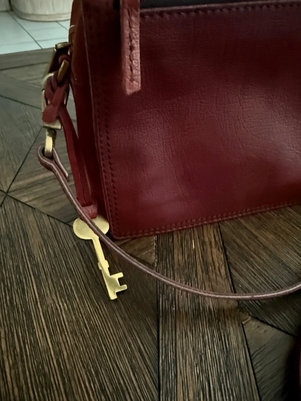 Fossil Campbell Dark Red Leather Suede Crossbody Bag Adjustable Strap - Picture 8 of 11